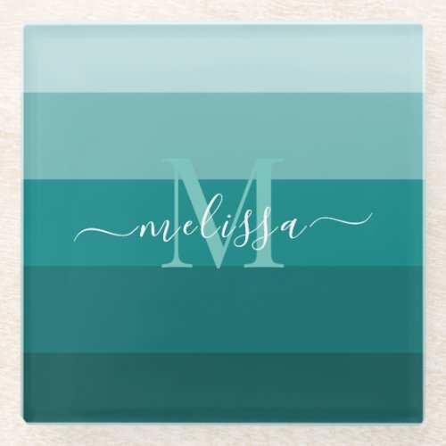 Teal Green Blue Color block Monogram Style Name  Glass Coaster