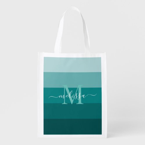 Teal Green Blue Color block Monogram Style Name  Grocery Bag
