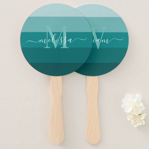 Teal Green Blue Color block Monogram Style Name  Hand Fan