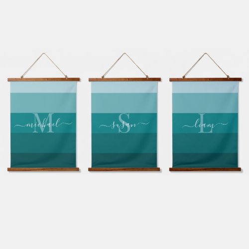 Teal Green Blue Color block Monogram Style Name  Hanging Tapestry
