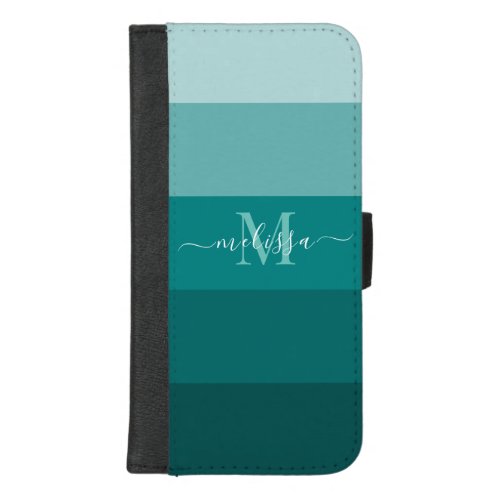 Teal Green Blue Color block Monogram Style Name  iPhone 87 Plus Wallet Case
