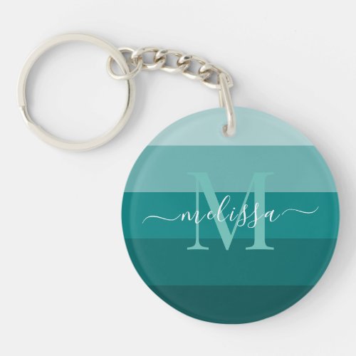 Teal Green Blue Color block Monogram Style Name  Keychain