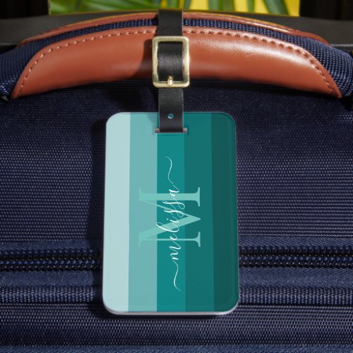 Teal Green Blue Color block Monogram Style Name  Luggage Tag