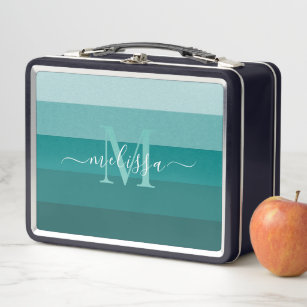 Teal Green Blue Color block Monogram Style Name  Metal Lunch Box