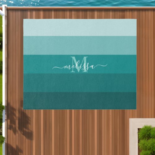 Teal Green Blue Color block Monogram Style Name  Outdoor Rug