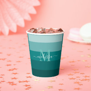 Teal Green Blue Color block Monogram Style Name Paper Cups
