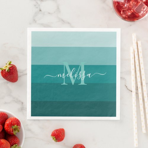 Teal Green Blue Color block Monogram Style Name  Paper Dinner Napkins