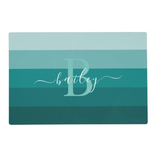 Teal Green Blue Color block Monogram Style Name  Placemat