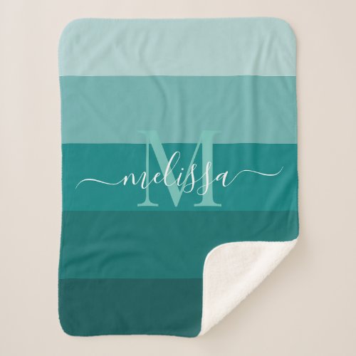 Teal Green Blue Color block Monogram Style Name  Sherpa Blanket