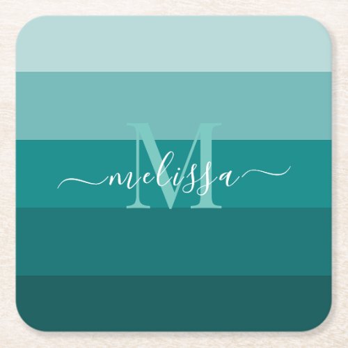 Teal Green Blue Color block Monogram Style Name  Square Paper Coaster