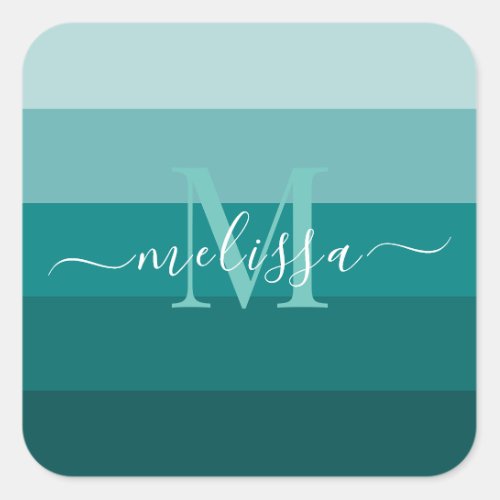 Teal Green Blue Color block Monogram Style Name  Square Sticker