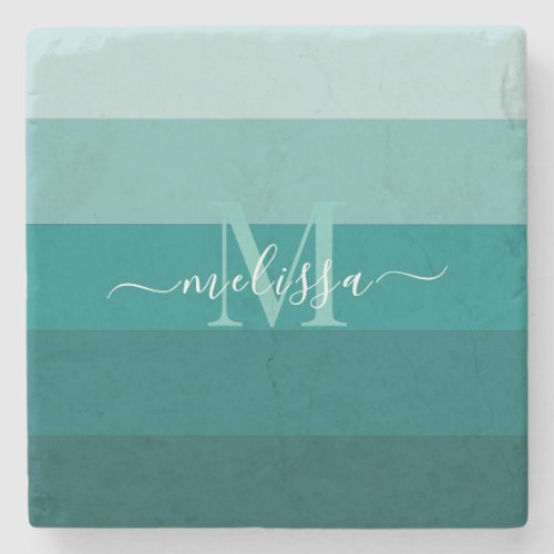 Teal Green Blue Color block Monogram Style Name  Stone Coaster