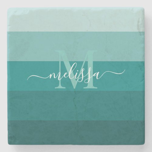 Teal Green Blue Color block Monogram Style Name  Stone Coaster