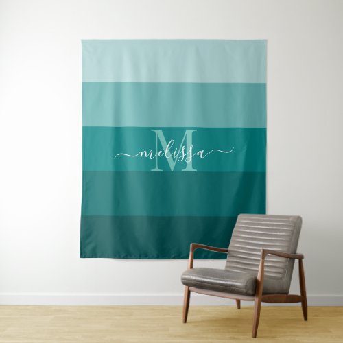 Teal Green Blue Color block Monogram Style Name  Tapestry