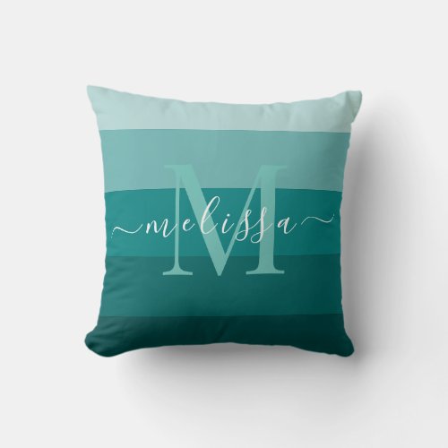 Teal Green Blue Color block Monogram Style Name  Throw Pillow