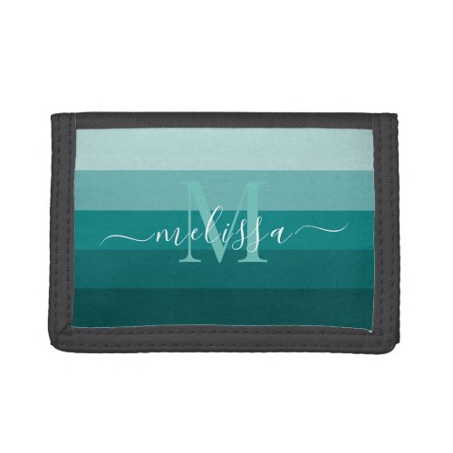 Teal Green Blue Color block Monogram Style Name  Trifold Wallet