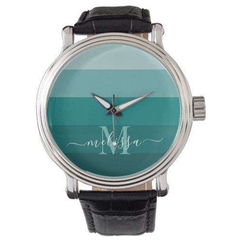 Teal Green Blue Color block Monogram Style Name  Watch