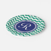 Teal-Green Blue Emblem Preppy Chevron Monogram Paper Plates (Angled)