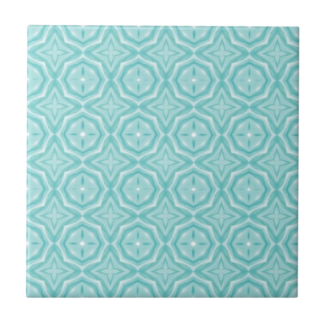 Teal green blue geometric design ceramic tile (Front)