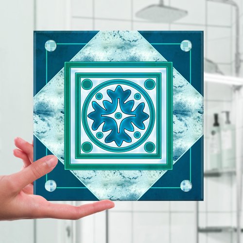 Teal Green Blue Geometric Kitchen or Bathroom Tile