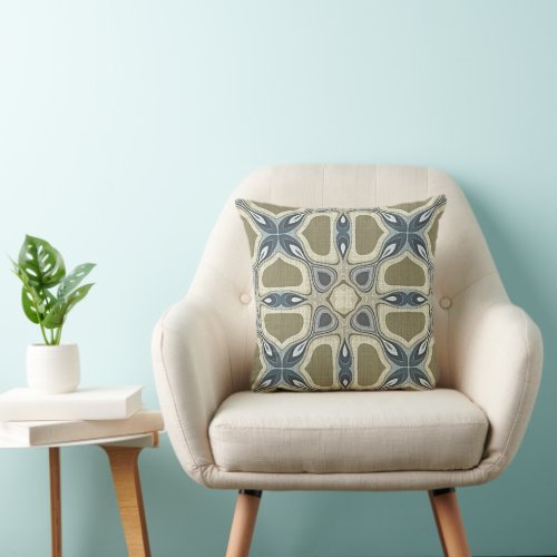 Teal Green Blue Gray Ochre Hip Bohemian Bali Art Throw Pillow