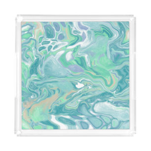 Teal Green Blue Marble Fluid Art Acrylic Tray