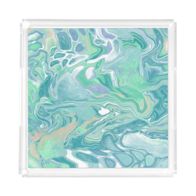 Teal Green Blue Marble Fluid Art  Acrylic Tray (Front)