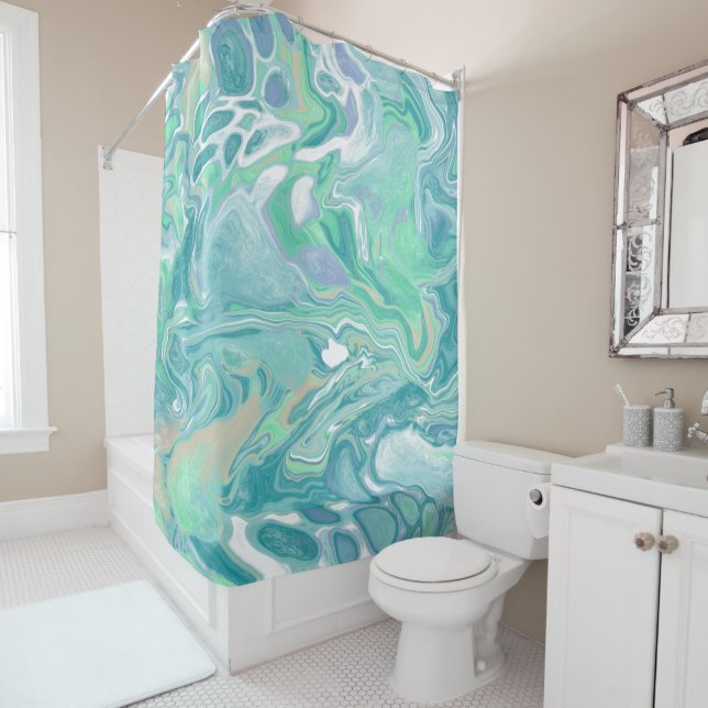 Teal Green Blue Marble Fluid Art  Shower Curtain (In Situ)