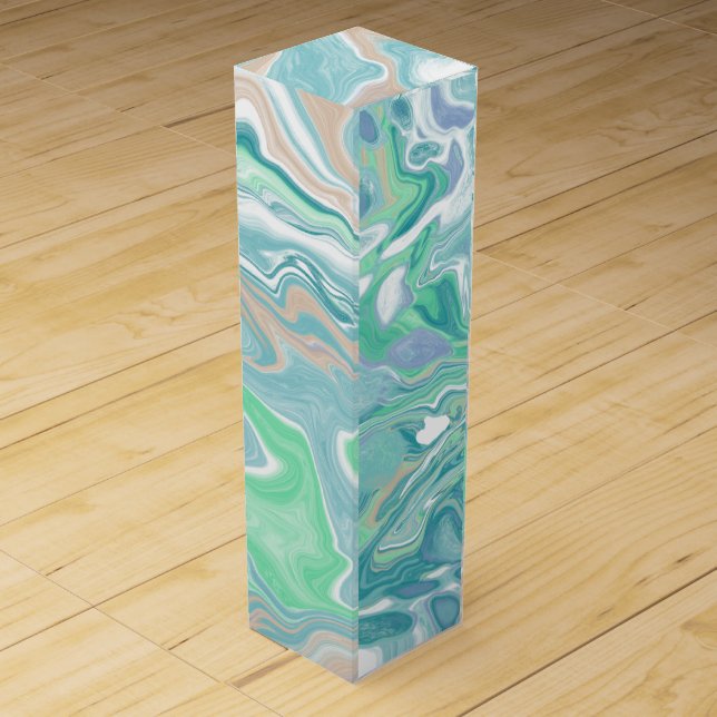 Teal Green Blue Marble Fluid Art  Wine Box (Front)