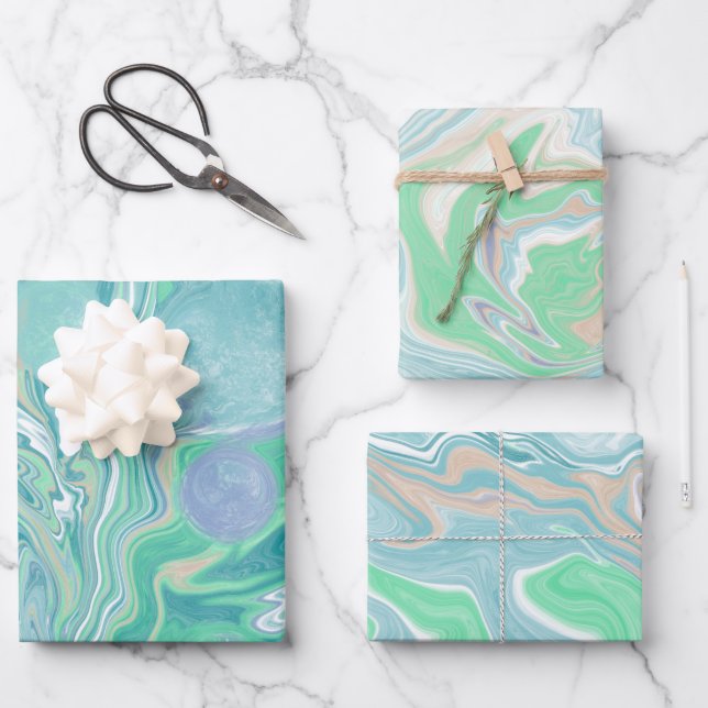 Teal Green Blue Marble Fluid Art Wrapping Paper Sheets (Front)