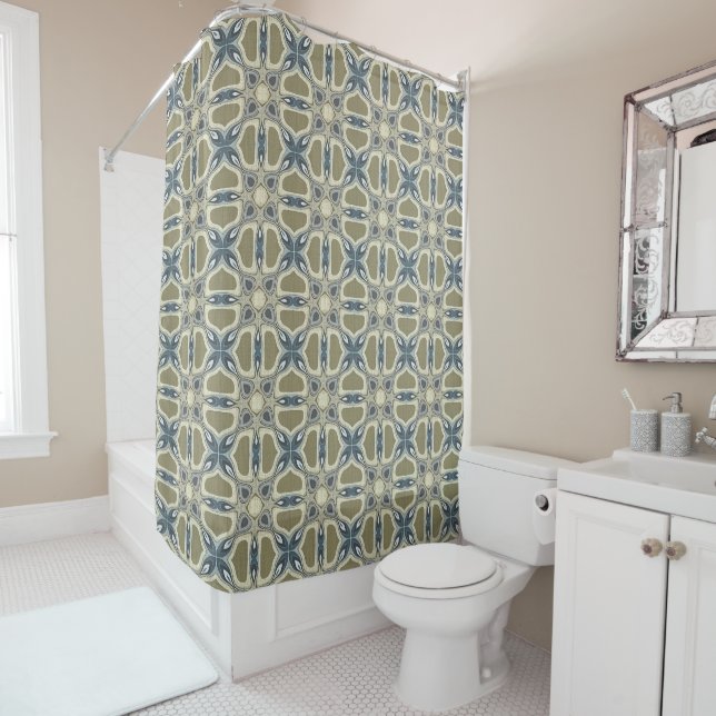Teal Green Blue Mustard Ochre Brown Tribal Art Shower Curtain (In Situ)