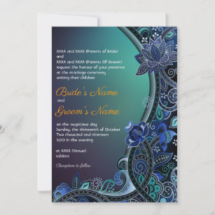 Teal Green Blue Paisley Lotus Luxe Indian Wedding Invitation