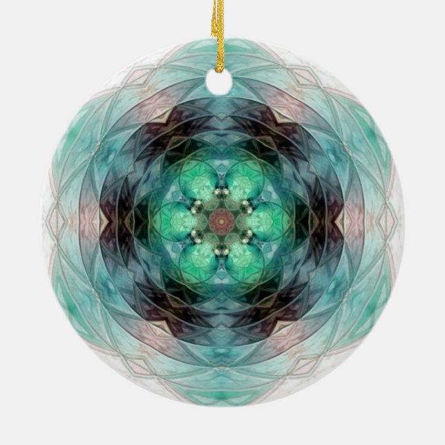 Teal green blue pink floral star pattern ceramic ornament (Back)