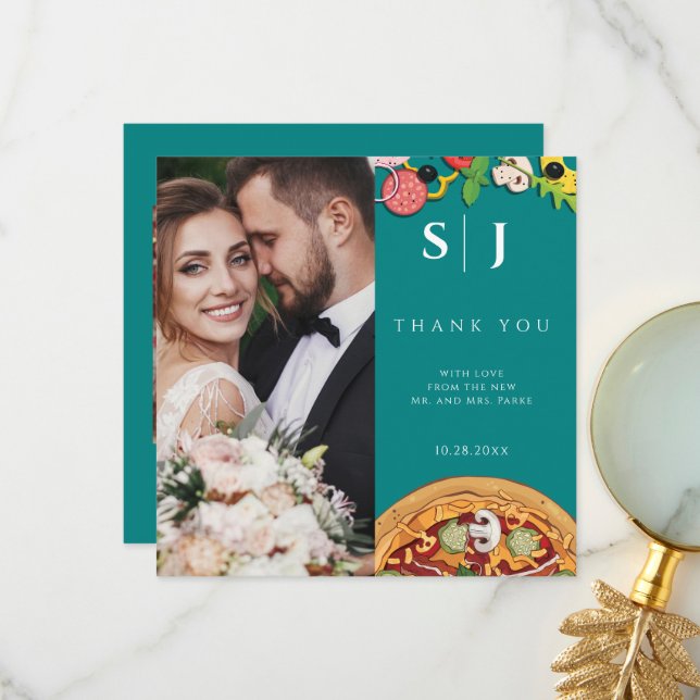 Teal Green Blue PIZZA Modern Minimal Wedding Thank You Card (Front/Back In Situ)