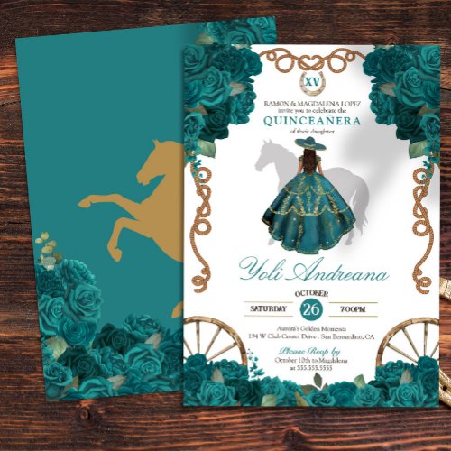 Teal Green Blue Rose Western Charro Quince Invitation