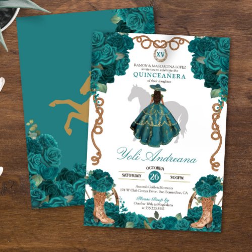 Teal Green Blue Roses Charro Vestidos Quinceanera Invitation