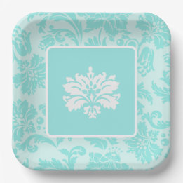 Teal green,blue vintage damask print paper plate