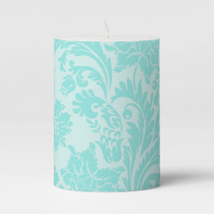 Teal green/blue vintage damask print pillar candle
