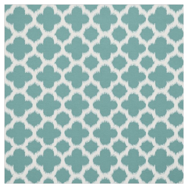 Teal Green Blue White Ikat Quatrefoil Pattern Fabric (Swatch)
