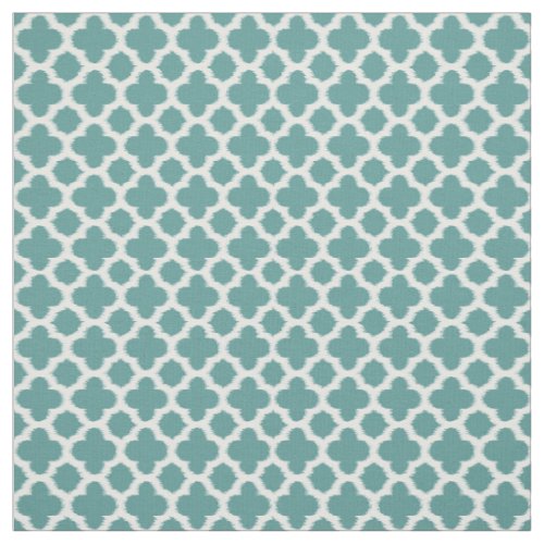 Teal Green Blue White Ikat Quatrefoil Pattern Fabric