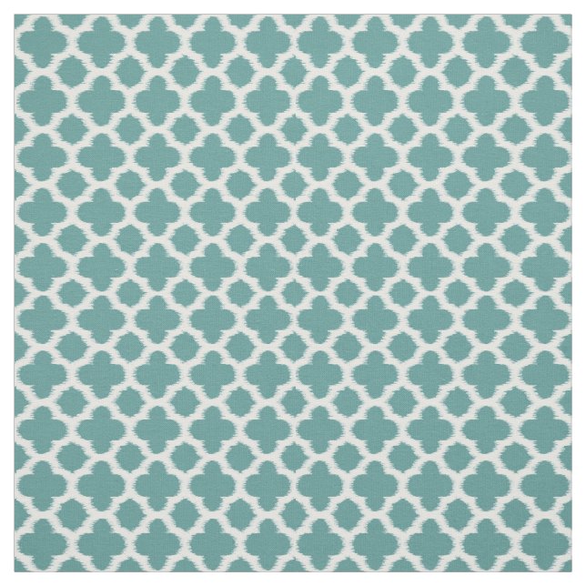 Teal Green Blue White Ikat Quatrefoil Pattern Fabric (Swatch)