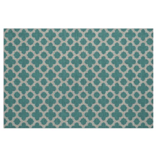 Teal Green Blue White Ikat Quatrefoil Pattern Fabric