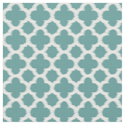 Teal Green Blue White Ikat Quatrefoil Pattern Fabric