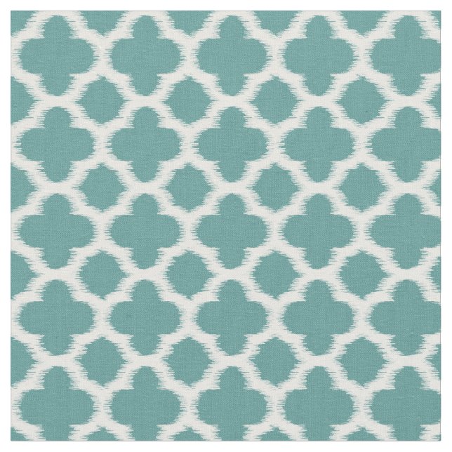 Teal Green Blue White Ikat Quatrefoil Pattern Fabric (Close Up)