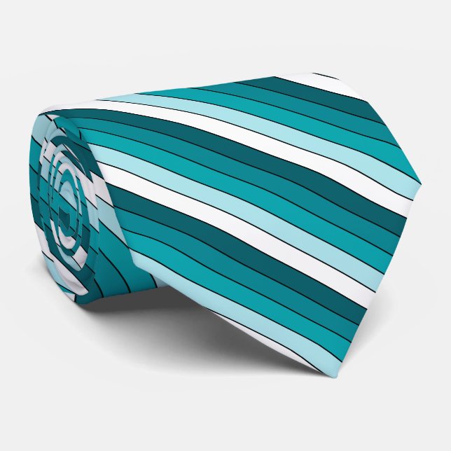 Teal Green Blue White Stripes Neck Tie (Rolled)