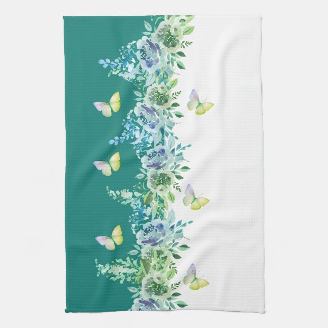 Teal Green Botanical Butterflies Kitchen Towel (Vertical)