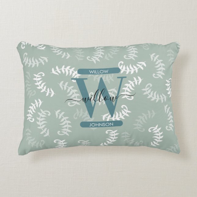Teal Green Botanical Leaves Monogram Accent Pillow (Front)