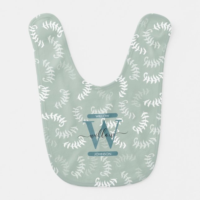 Teal Green Botanical Leaves Monogram Baby Bib (Front)