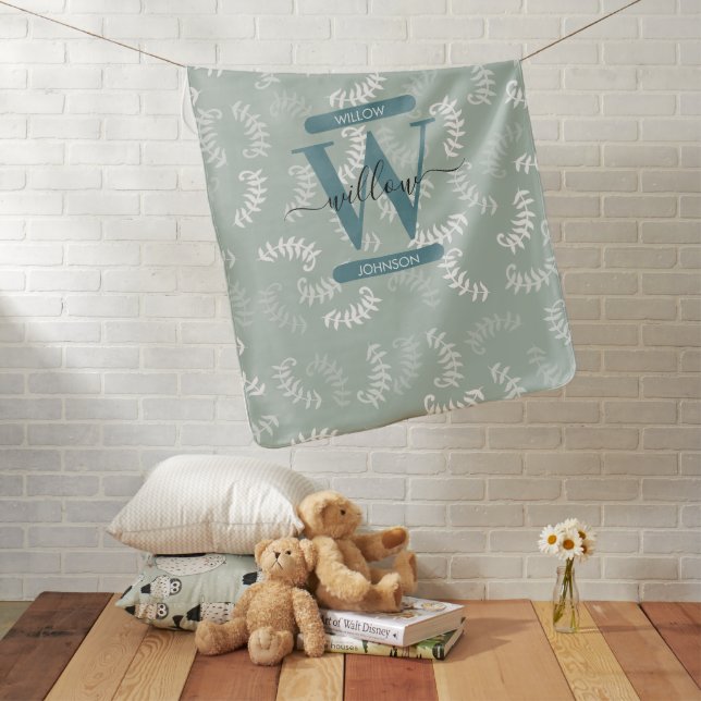 Teal Green Botanical Leaves Monogram Baby Blanket (In Situ)