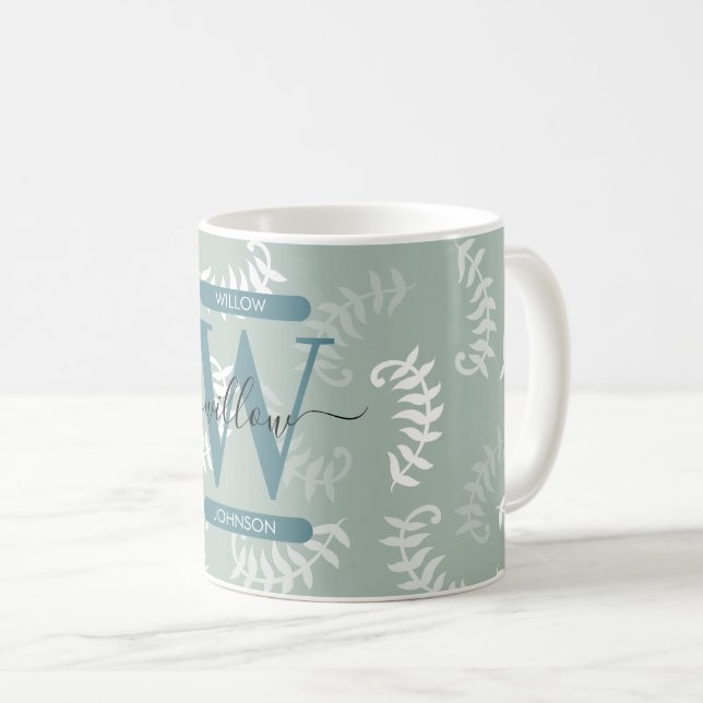Teal Green Botanical Leaves Monogram Coffee Mug (Front Right)